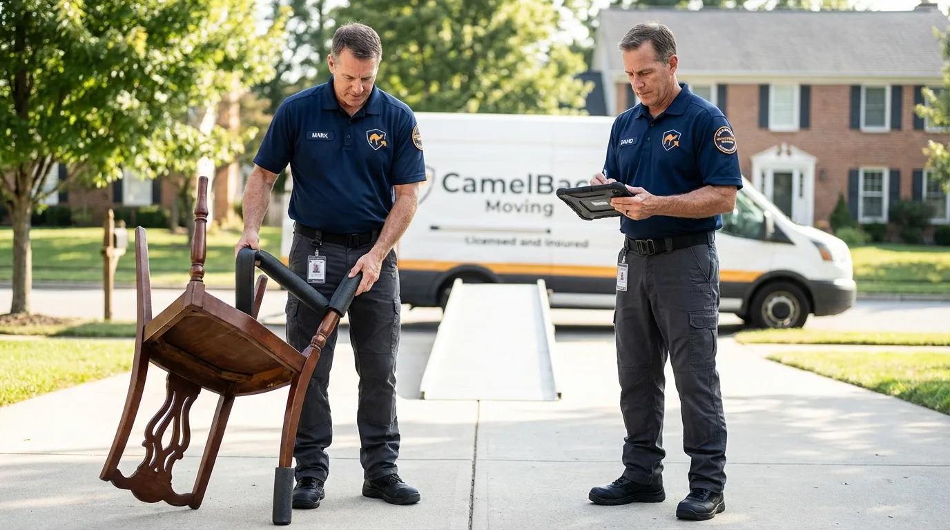 Movers inspecting furniture for damage prevention before loading in Jasper, GA