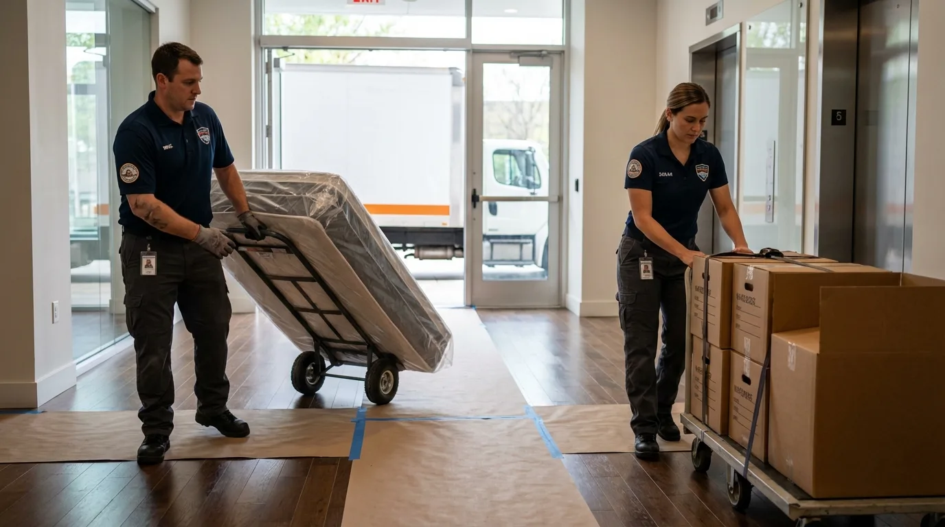 Professional apartment movers loading elevator in Jasper, GA